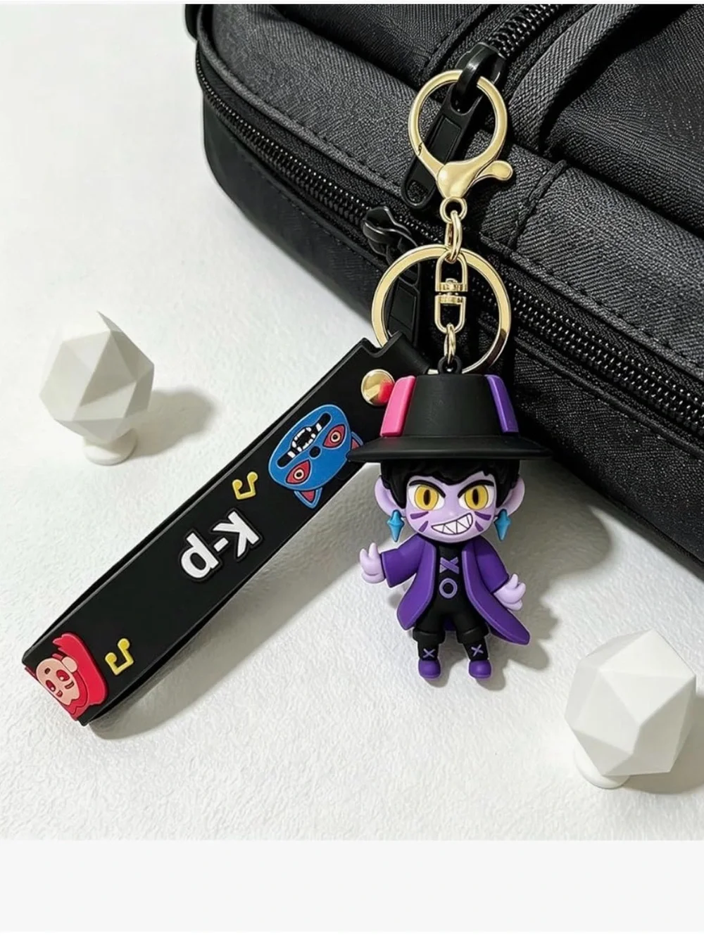 Kids Purple Cartoon Character Keychain with Black Strap and Gold Hardware